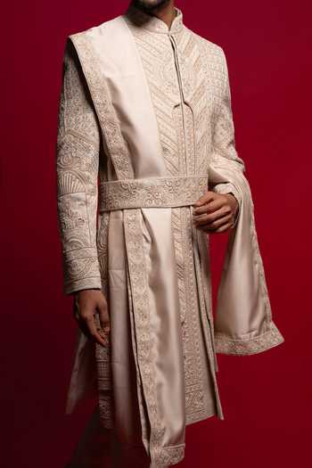 Buy_Sven Suits_Beige Silk Tonal Thread Embroidered Sherwani Set _Online_at_Aza_Fashions