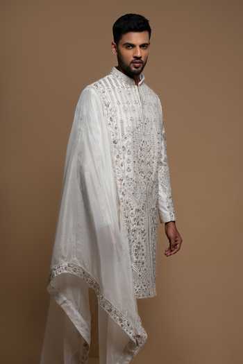 Sven Suits_White Silk Embroidered Sherwani Set _Online_at_Aza_Fashions