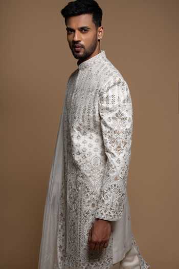 Buy_Sven Suits_White Silk Embroidered Sherwani Set _Online_at_Aza_Fashions