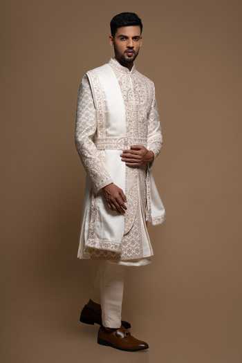 Sven Suits_Off White Silk Embroidered Sherwani Set _Online_at_Aza_Fashions