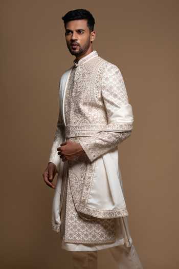 Buy_Sven Suits_Off White Silk Embroidered Sherwani Set _Online_at_Aza_Fashions
