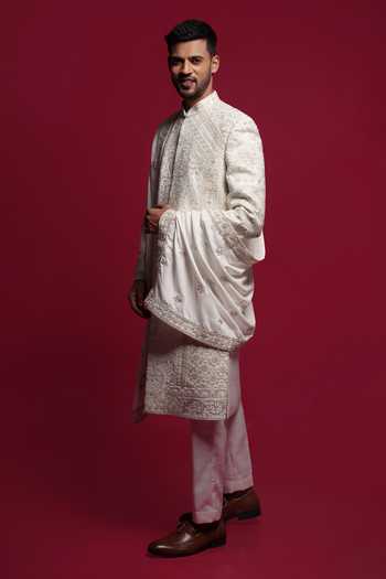 Sven Suits_White Silk Embroidered Sherwani Set _Online_at_Aza_Fashions