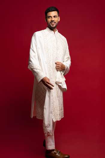 Buy_Sven Suits_White Silk Embroidered Sherwani Set _Online_at_Aza_Fashions