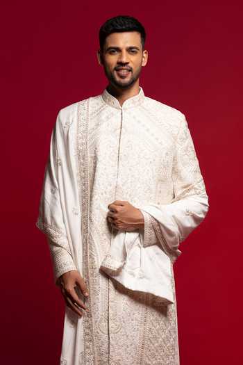 Shop_Sven Suits_White Silk Embroidered Sherwani Set _Online_at_Aza_Fashions