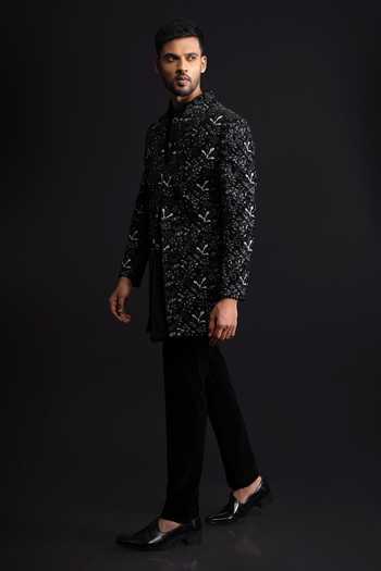 Sven Suits_Black Velvet Embroidered Sherwani Set _Online_at_Aza_Fashions