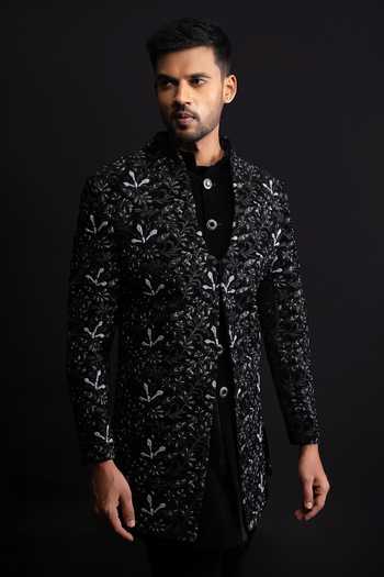 Buy_Sven Suits_Black Velvet Embroidered Sherwani Set _Online_at_Aza_Fashions