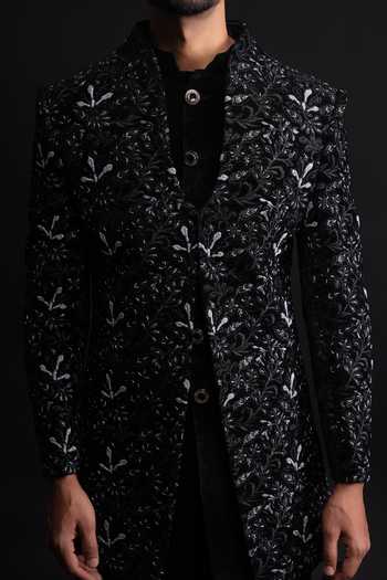 Shop_Sven Suits_Black Velvet Embroidered Sherwani Set _Online_at_Aza_Fashions