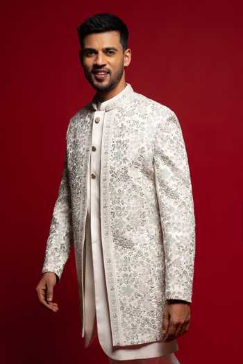 Sven Suits_White Silk Stones Embroidered Sherwani Set _Online_at_Aza_Fashions