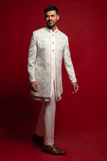 Buy_Sven Suits_White Silk Stones Embroidered Sherwani Set _Online_at_Aza_Fashions