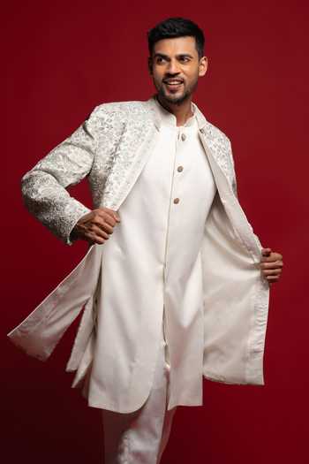 Shop_Sven Suits_White Silk Stones Embroidered Sherwani Set _Online_at_Aza_Fashions