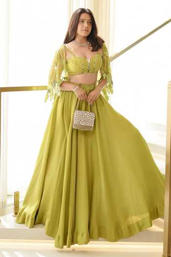 One Knot One By Ashna Green Designer Lehenga Set with Cape 