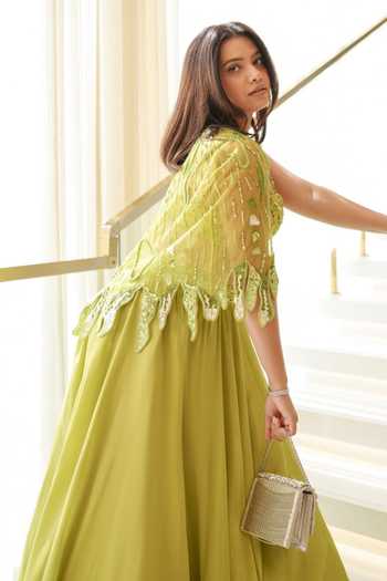 Buy_One Knot One By Ashna_Green Tissue, Crepe Sequins, Beads, Embroidery Designer Lehenga Set With Cape _Online_at_Aza_Fashions