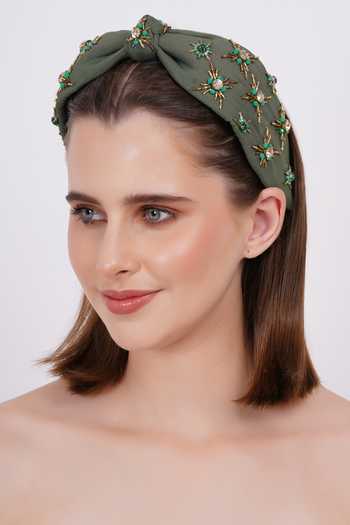 APT FOREVER_Olive Green Embroidery, Beads, Rhinestones Opulence Beaded Headband _Online_at_Aza_Fashions