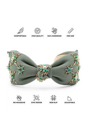 Buy_APT FOREVER_Olive Green Embroidery, Beads, Rhinestones Opulence Beaded Headband _Online_at_Aza_Fashions