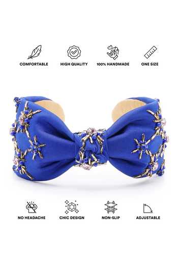 Shop_APT FOREVER_Blue Embroidery, Beads, Rhinestones, Crystals Opulence Top Knot Headband _Online_at_Aza_Fashions