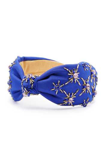 APT FOREVER_Blue Embroidery, Beads, Rhinestones, Crystals Opulence Top Knot Headband _at_Aza_Fashions
