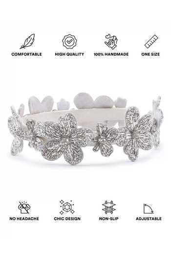 APT FOREVER_Silver Beads, Crystals, Rhinestones, Fabric Magnolia Majesty Handmade Headband _at_Aza_Fashions