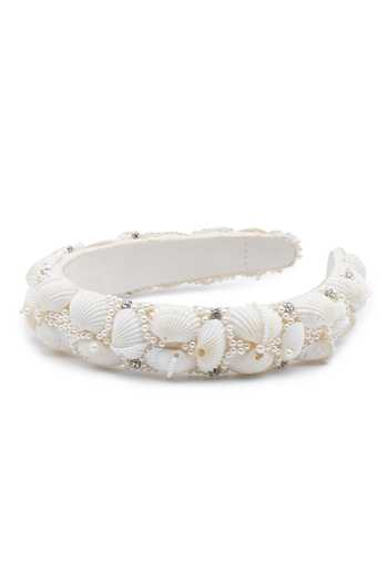 APT FOREVER_White Beads, Pearls, Rhinestones Shell Flora Diadems Handmade Headband _at_Aza_Fashions