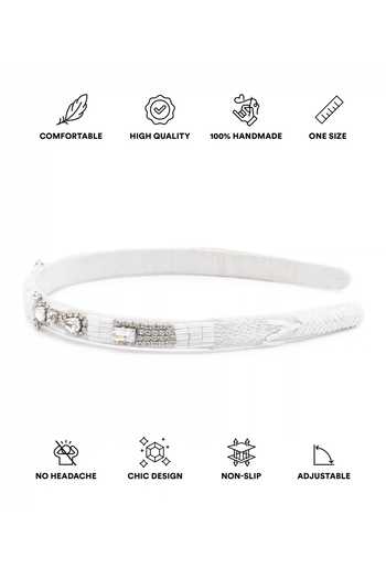 APT FOREVER_White Beads, Crystals, Rhinestones Regal Handmade Cotton Headband _at_Aza_Fashions