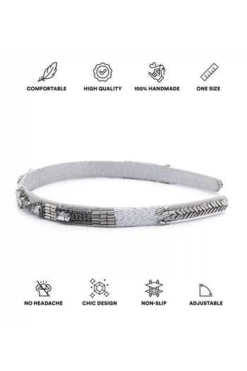 APT FOREVER Grey Beads, Rhinestones Regal Beaded Thin Headband at Aza Fashions APT FOREVER_Grey Beads, Rhinestones Regal Beaded Thin Headband _at_Aza_Fashions