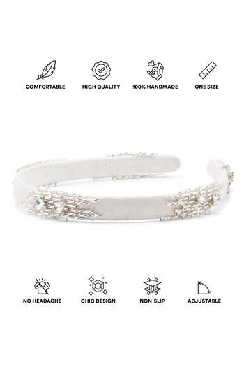 APT FOREVER_White Embroidery, Beads, Crystals, Imperial Elegance Handmade Headband _at_Aza_Fashions