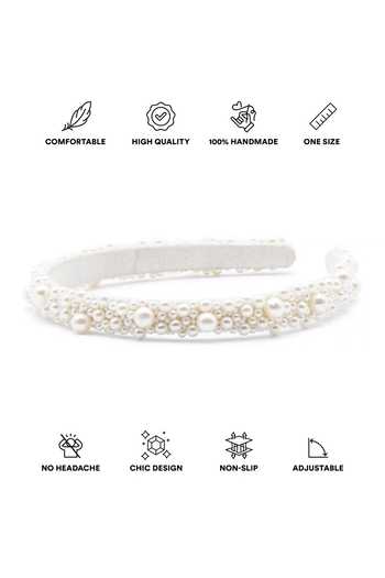 APT FOREVER_White Beads, Pearls Pearlplex Handmade Headband _at_Aza_Fashions