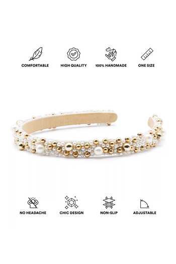 APT FOREVER_White Embroidery, Beads, Pearls, Rhinestones Pearlplex Beaded Headband _at_Aza_Fashions
