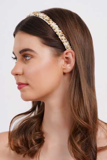 Buy_APT FOREVER_White Embroidery, Beads, Pearls, Rhinestones Pearlplex Beaded Headband 