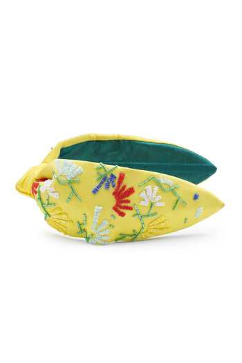 APT FOREVER_Yellow Embroidery, Beads, Rhinestones Whimsy Bloom Top Knot Headband _at_Aza_Fashions