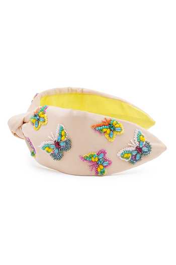 APT FOREVER_Beige Embroidery, Beads, Rhinestones, Crystals Flutterby Beaded Headband _at_Aza_Fashions