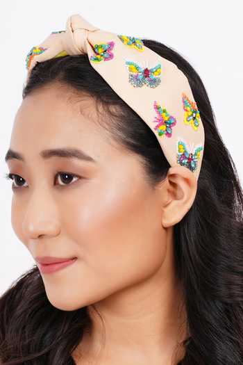 Buy_APT FOREVER_Beige Embroidery, Beads, Rhinestones, Crystals Flutterby Beaded Headband 