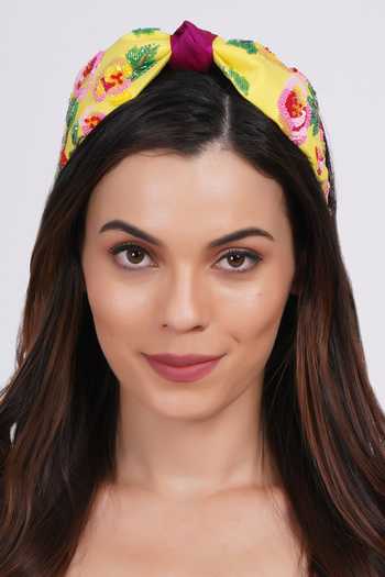 APT FOREVER_Yellow Embroidery, Sequins, Beads, Cascading Blossom Handmade Headband _at_Aza_Fashions
