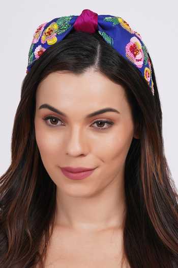 APT FOREVER_Navy Embroidery, Sequins, Beads, Rhinestones Cascading Blossom Beaded Headband _at_Aza_Fashions