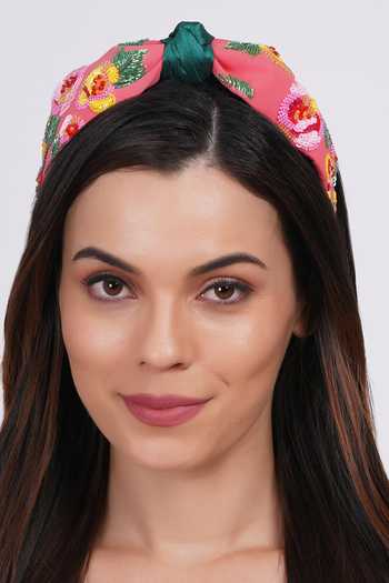 APT FOREVER_Red Embroidery, Sequins, Beads, Rhinestones Cascading Blossom Cotton Headband _at_Aza_Fashions