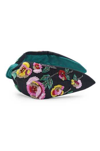 APT FOREVER_Black Embroidery, Sequins, Beads Cascading Blossom Knotted Headband _Online_at_Aza_Fashions