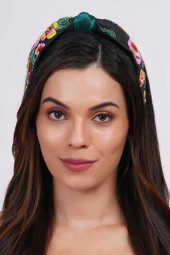 APT FOREVER_Black Embroidery, Sequins, Beads Cascading Blossom Knotted Headband _at_Aza_Fashions