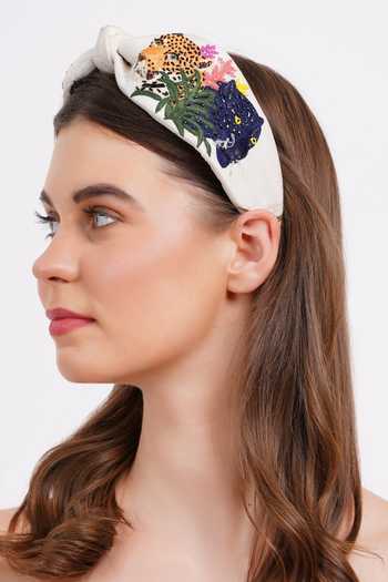 Buy_APT FOREVER_White Embroidery, Beads, Rhinestones Roaring Glam Feline Handmade Headband 