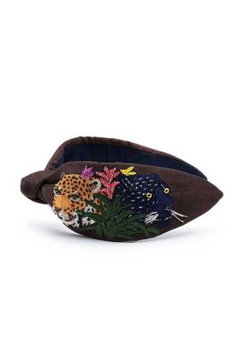 Buy_APT FOREVER_Brown Embroidery, Beads, Rhinestones Roaring Glam Feline Beaded Headband _Online_at_Aza_Fashions