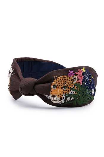 APT FOREVER_Brown Embroidery, Beads, Rhinestones Roaring Glam Feline Beaded Headband _at_Aza_Fashions