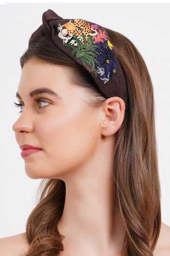 Buy_APT FOREVER_Brown Embroidery, Beads, Rhinestones Roaring Glam Feline Beaded Headband 