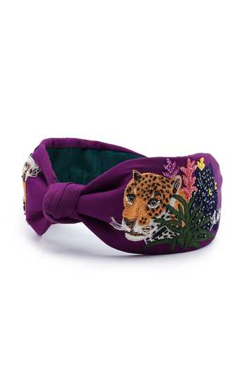 APT FOREVER_Purple Embroidery, Beads, Rhinestones Roaring Glam Feline Headband _at_Aza_Fashions