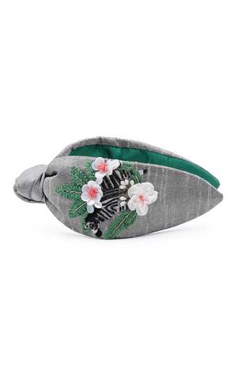 APT FOREVER_Grey Embroidery, Beads, Rhinestones Zen Mode Zebra Cotton Handmade Headband _at_Aza_Fashions