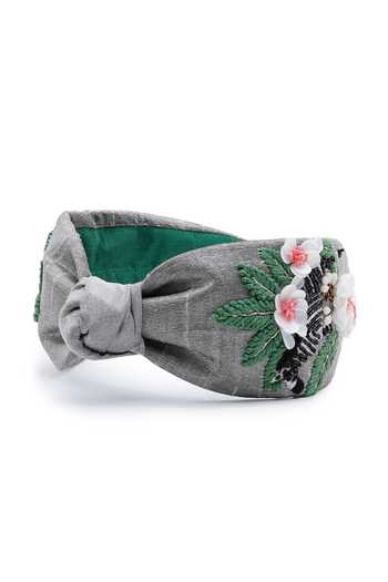 Buy_APT FOREVER_Grey Embroidery, Beads, Rhinestones Zen Mode Zebra Cotton Handmade Headband 