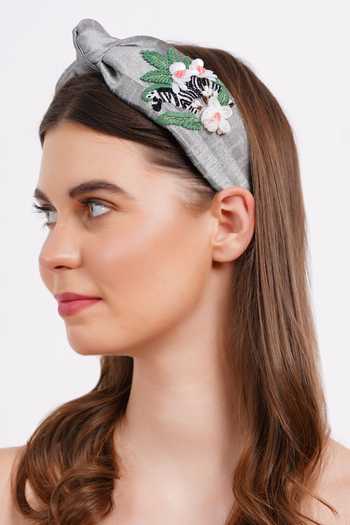 Shop_APT FOREVER_Grey Embroidery, Beads, Rhinestones Zen Mode Zebra Cotton Handmade Headband 
