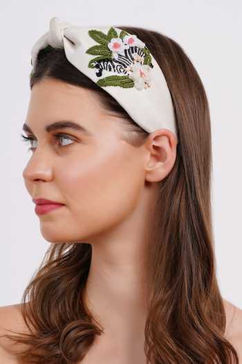Shop_APT FOREVER_White Embroidery, Beads, Rhinestones, Fabric Zen Mode Zebra Beaded Headband 