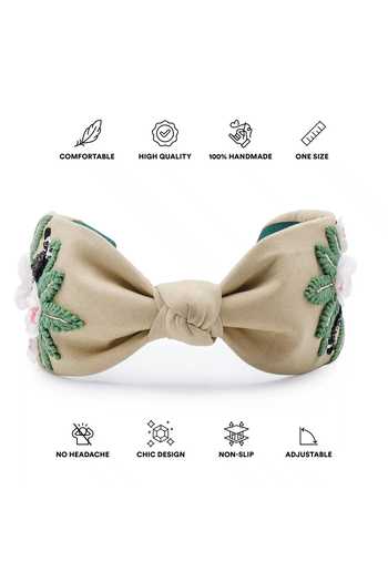 APT FOREVER_Beige Embroidery, Sequins, Beads, Rhinestones Zen Mode Zebra Cotton Headband _at_Aza_Fashions