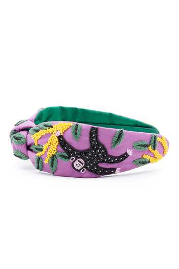 APT FOREVER_Purple Embroidery, Beads, Rhinestones Banana Drama Monkey Handmade Headband _at_Aza_Fashions
