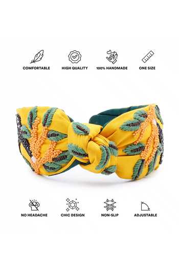 APT FOREVER_Mustard Embroidery, Beads, Banana Drama Monkey Beaded Top Knot Headband _at_Aza_Fashions