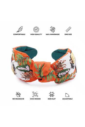 APT FOREVER_Orange Embroidery, Beads, Spotted Stealth Leopard Beaded Top Knot Headband _at_Aza_Fashions