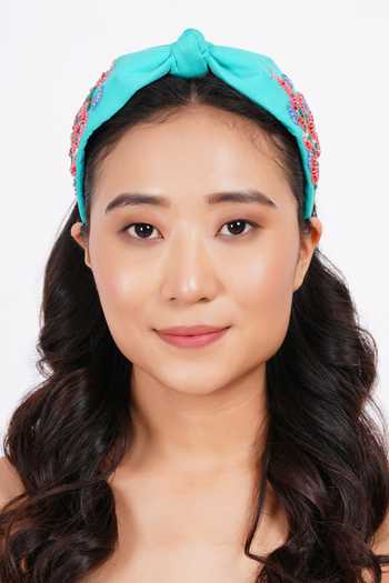 Buy_APT FOREVER_Turquoise Embroidery, Beads, Rhinestones Serpent Slink Cotton Headband _Online_at_Aza_Fashions